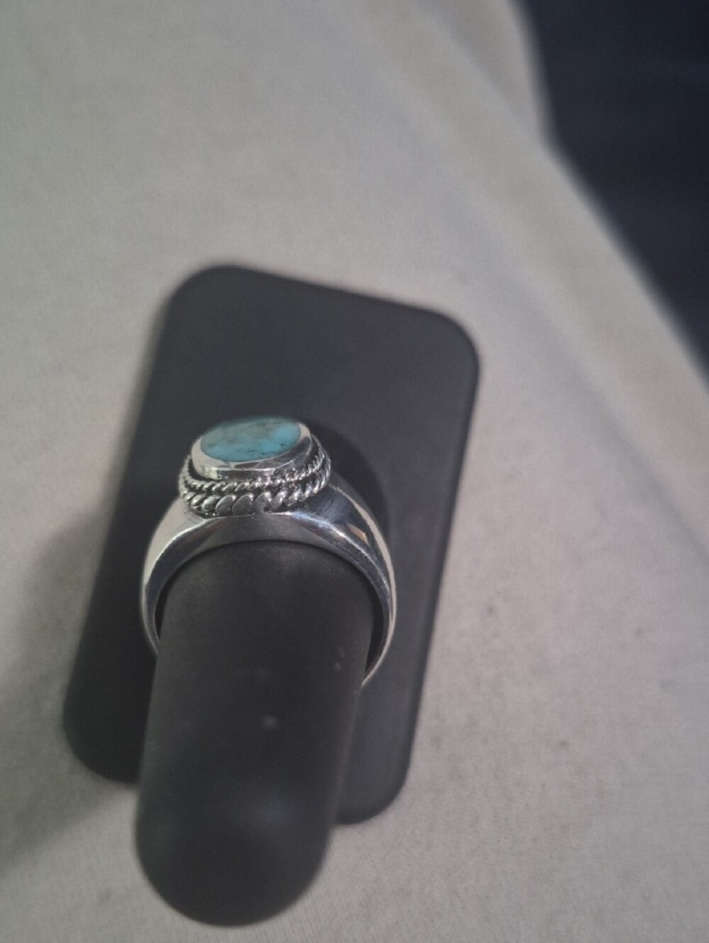Turquoise Stone Men's Silver Ring - Blue Green Oval Cabochon - Picture 10 of 11
